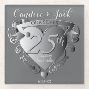 Silver Heart Emblem zum 25. Hochzeitstag Glasuntersetzer