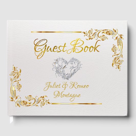 Silver Heart on White Pearl with Gold Border Gästebuch (Vorderseite)
