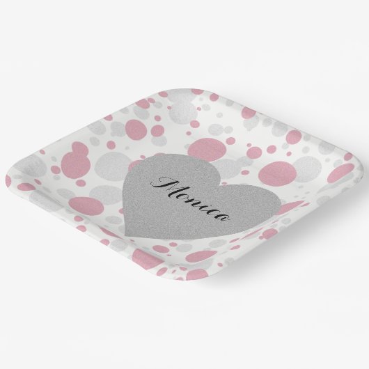 Silver Heart Pink Brautparty Polka Dots Party Pappteller (Gewinkelt)