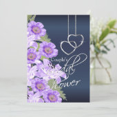 Silver Hearts on Lavender & Navy Satin Einladung (Stehend Vorderseite)