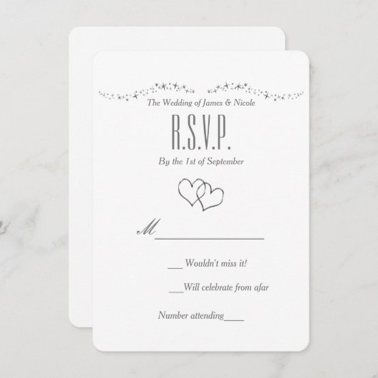 Silver Hearts & Sparkle Wedding RSVP Card Einladung (Vorne/Hinten)