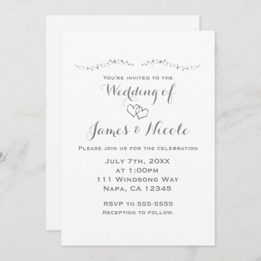 Silver Hearts & Sparkle White Wedding Einladung (Vorne/Hinten)