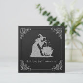 Silver Hexe & Cauldron Halloween Grußkarte (Stehend Vorderseite)