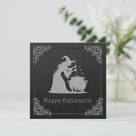 Silver Hexe & Cauldron Halloween Grußkarte (Stehend Vorderseite)