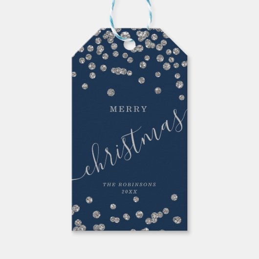 Silver Holiday Weihnachten Glitzer Confetti Navy Geschenkanhänger (Vorderseite)