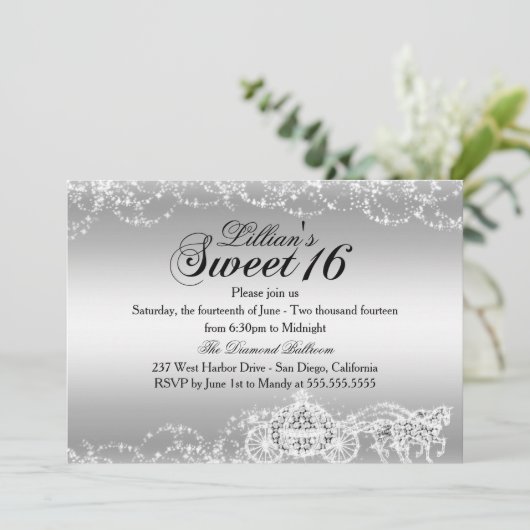 Silver Horse Carriage Princess Sweet 16 Invite Einladung (Stehend Vorderseite)