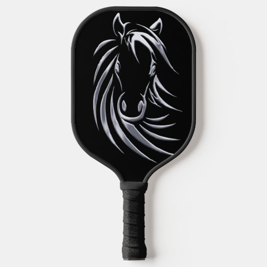 Silver Horse Head auf Black Pickleball Schläger (Vorderseite)