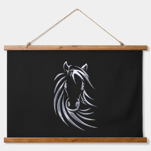Silver Horse Head auf Black Wandteppich Mit Holzrahmen