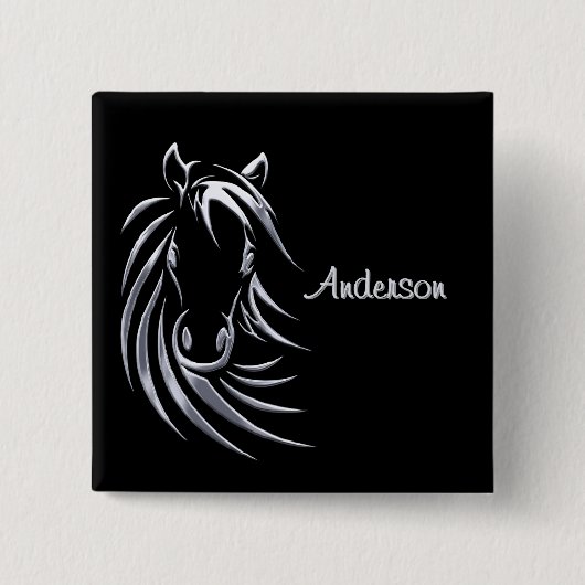 Silver Horse Head auf Personalisiertem Schwarzen S Button (Vorderseite)