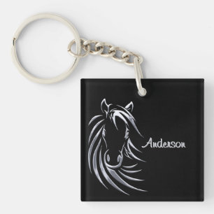 Silver Horse Head auf Personalisiertem Schwarzen S Schlüsselanhänger