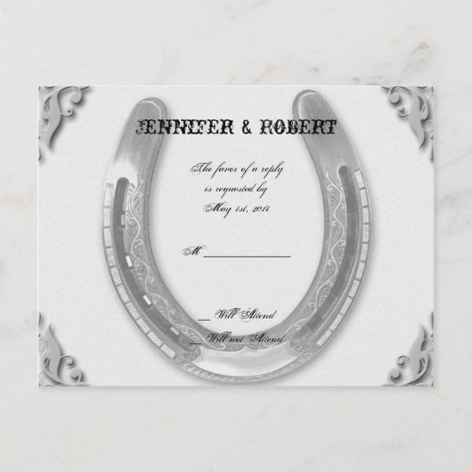 Silver Horseshoe auf White Wedding RSVP Einladungspostkarte (Vorderseite)