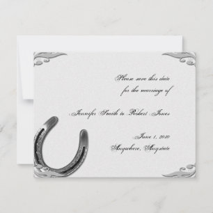 Silver Horseshoe auf White Wedding Save the Date