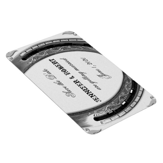 Silver Horseshoe auf White Wedding Save the Date Magnet (Rechte Seite)