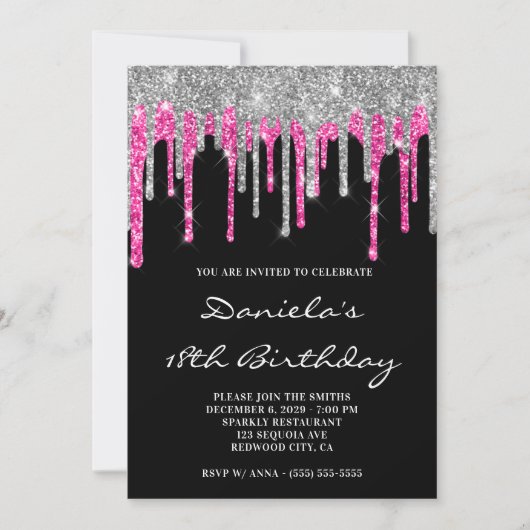 Silver Hot Pink Glitter Drips Black 18th Birthday Einladung (Vorderseite)