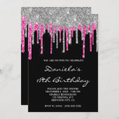 Silver Hot Pink Glitter Drips Black 18th Birthday Einladung (Vorne/Hinten)