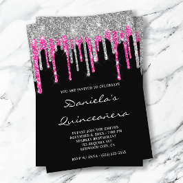 Silver Hot Pink Glitzer Tropfen Black Quinceañera Einladung