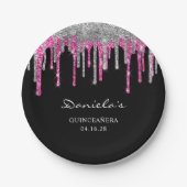 Silver Hot Pink Glitzer Tropfen Black Quinceañera Pappteller (Vorderseite)