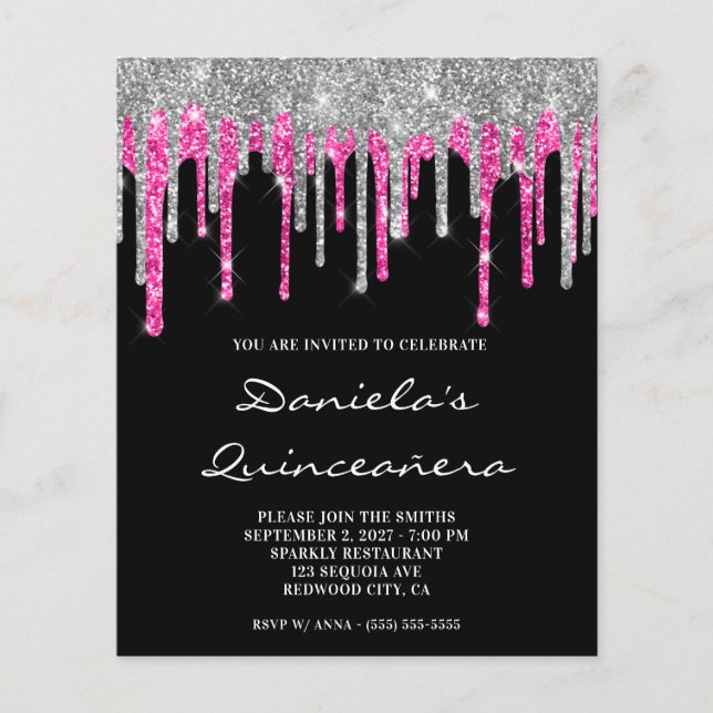 Silver Hot Pink Glitzer Tropfen Quinceañera Einlad (Vorderseite)