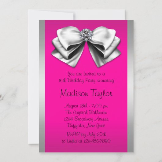 Silver Hot Pink Zebra Sweet 16 Party Einladung (Rückseite)