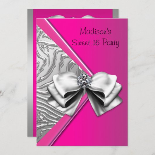 Silver Hot Pink Zebra Sweet 16 Party Einladung (Vorne/Hinten)