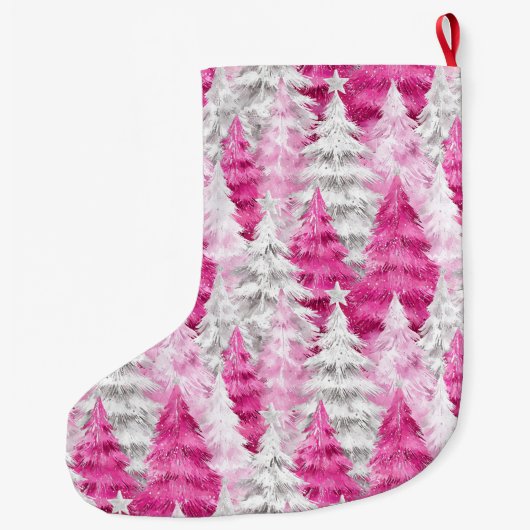 Silver Hübsch Chic Pink Glam Weihnachtsbaumen Großer Weihnachtsstrumpf (Rückseite)