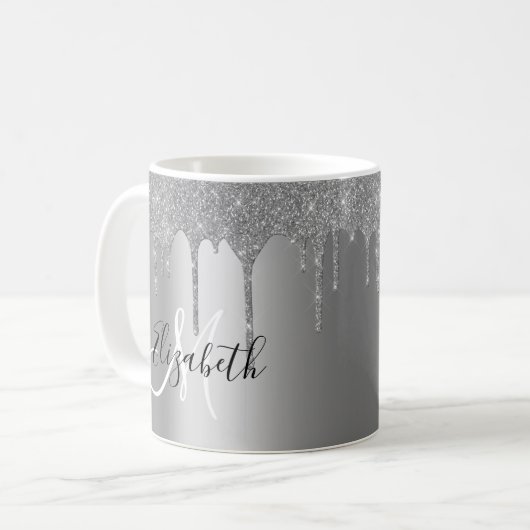Silver Hübsch Glitzer Tropfen Metal Monogram Kaffeetasse (Vorderseite Links)