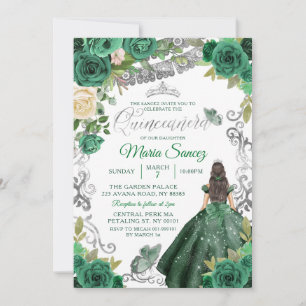 Silver Hunter Green Mexican Floral Quinceañera Einladung