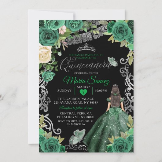 Silver Hunter Green Mexican Floral Quinceañera Einladung (Vorderseite)