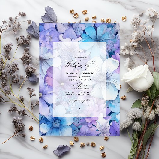 Silver, Icy Blue und Lilac Floral Wedding Einladung