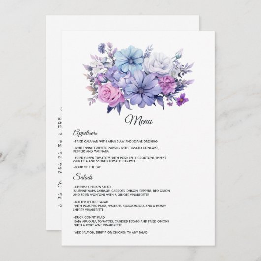 Silver, Icy Blue und Lilac Floral Wedding Menükarte (Vorne/Hinten)