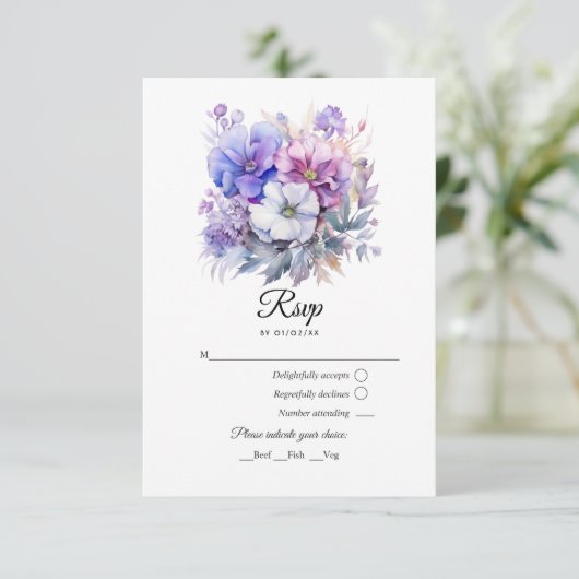 Silver, Icy Blue und Lilac Floral Wedding RSVP Karte (Stehend Vorderseite)