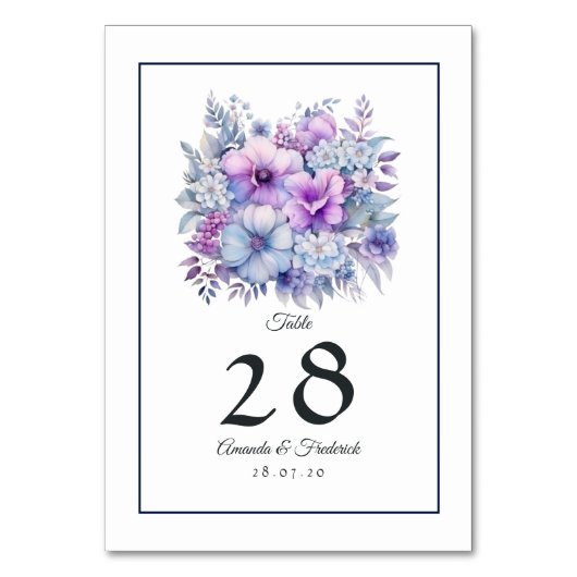 Silver, Icy Blue und Lilac Floral Wedding Tischnummer (Vorderseite)
