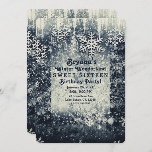 Silver Icy Snowy Winter Wonderland Sweet 16 Party Einladung (Vorne/Hinten)