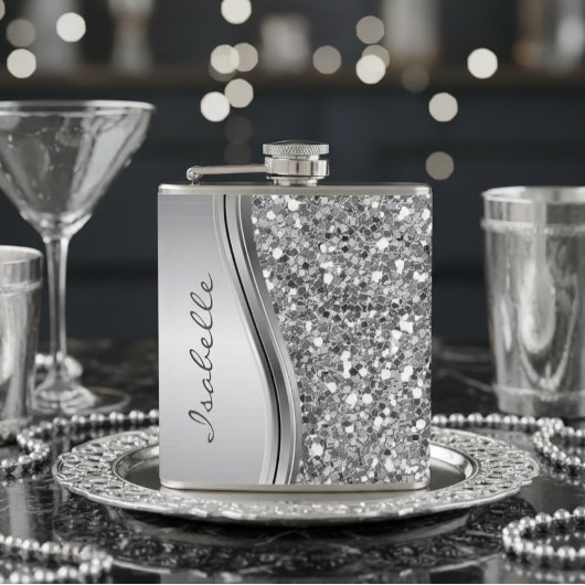 Silver Imitate Glitzer Glam Bling Personalisiert M Flachmann