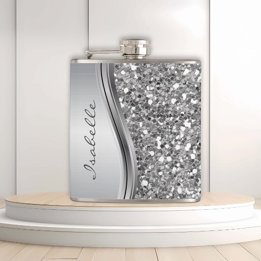 Silver Imitate Glitzer Glam Bling Personalisiert M Flachmann
