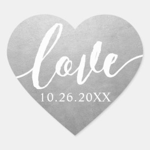 Silver Imitats Foil Liebe Script Hochzeitdatum Herz-Aufkleber