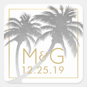 Silver Imitats Foil Palm Tree Wedding Monogram Quadratischer Aufkleber