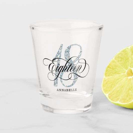 Silver Imitats Glitzer 18. Geburtstag Schnapsglas (Vorderseite)