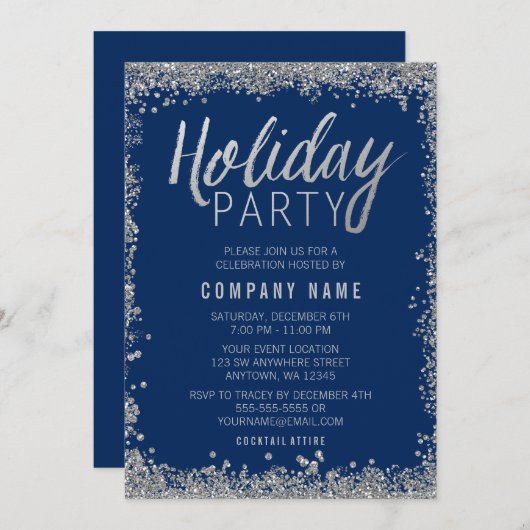 Silver Imitats Glitzer Blue Holiday Party Einladung (Vorne/Hinten)
