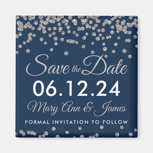 Silver Imitats Glitzer Confetti Navy Save the Date Magnet (Vorne)