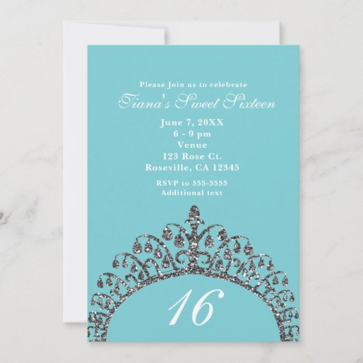 Silver Imitats Glitzer Tiara Crown Sweet 16 Party Einladung (Vorderseite)