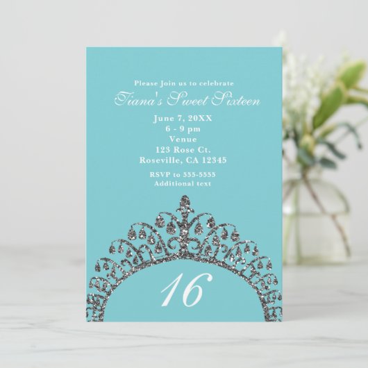 Silver Imitats Glitzer Tiara Crown Sweet 16 Party Einladung (Stehend Vorderseite)