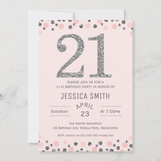 Silver Imitats Silver 21. Geburtstag Party Einladu Einladung (Vorderseite)