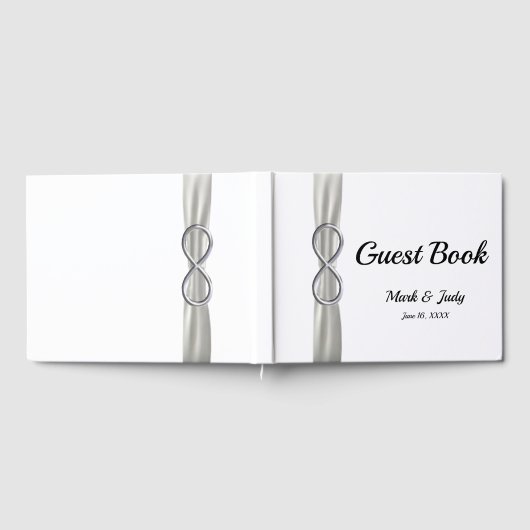 Silver Infinity White Ribbon Wedding Guestbook Gästebuch (Voll)