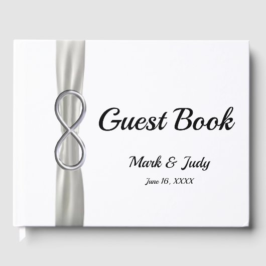 Silver Infinity White Ribbon Wedding Guestbook Gästebuch (Vorderseite)