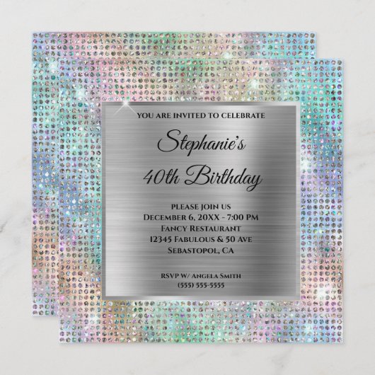 Silver Iridescent Diamond Studentenfolie Geburtsta Einladung (Vorne/Hinten)