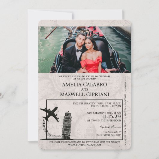 Silver Italy Passport Wedding Einladung (Vorderseite)