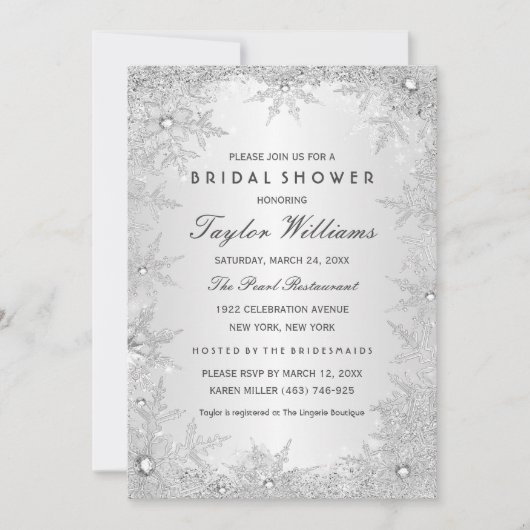 Silver Jewel Snowflake Brautparty Einladung (Vorderseite)