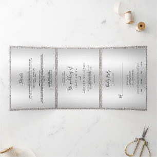 Silver Jeweled Bow & Sequins Wedding Dreifach Gefaltete Einladung