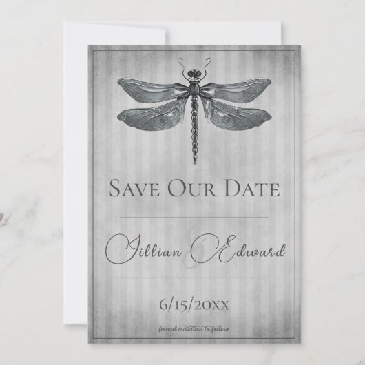 Silver Jewelly Dragonfly Save the Date Ankündigung (Vorderseite)